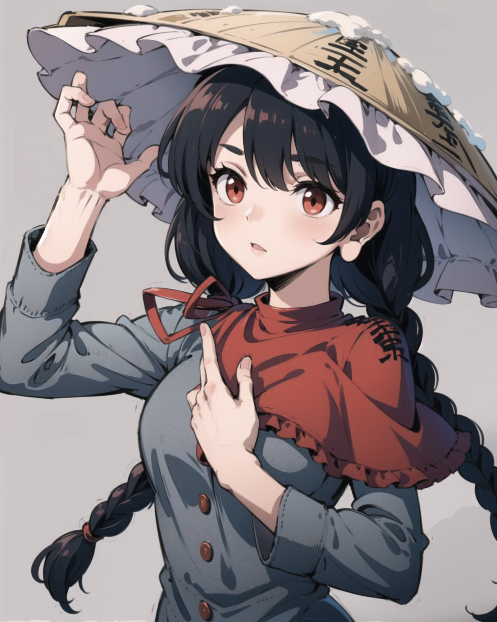 00606-2208984344-masterpiece, best quality, _lora_NarumiYatadera_1_,1girl,hat,ajirogasa,long hair,black hair,red eyes,twin braids,long earlobes,.png